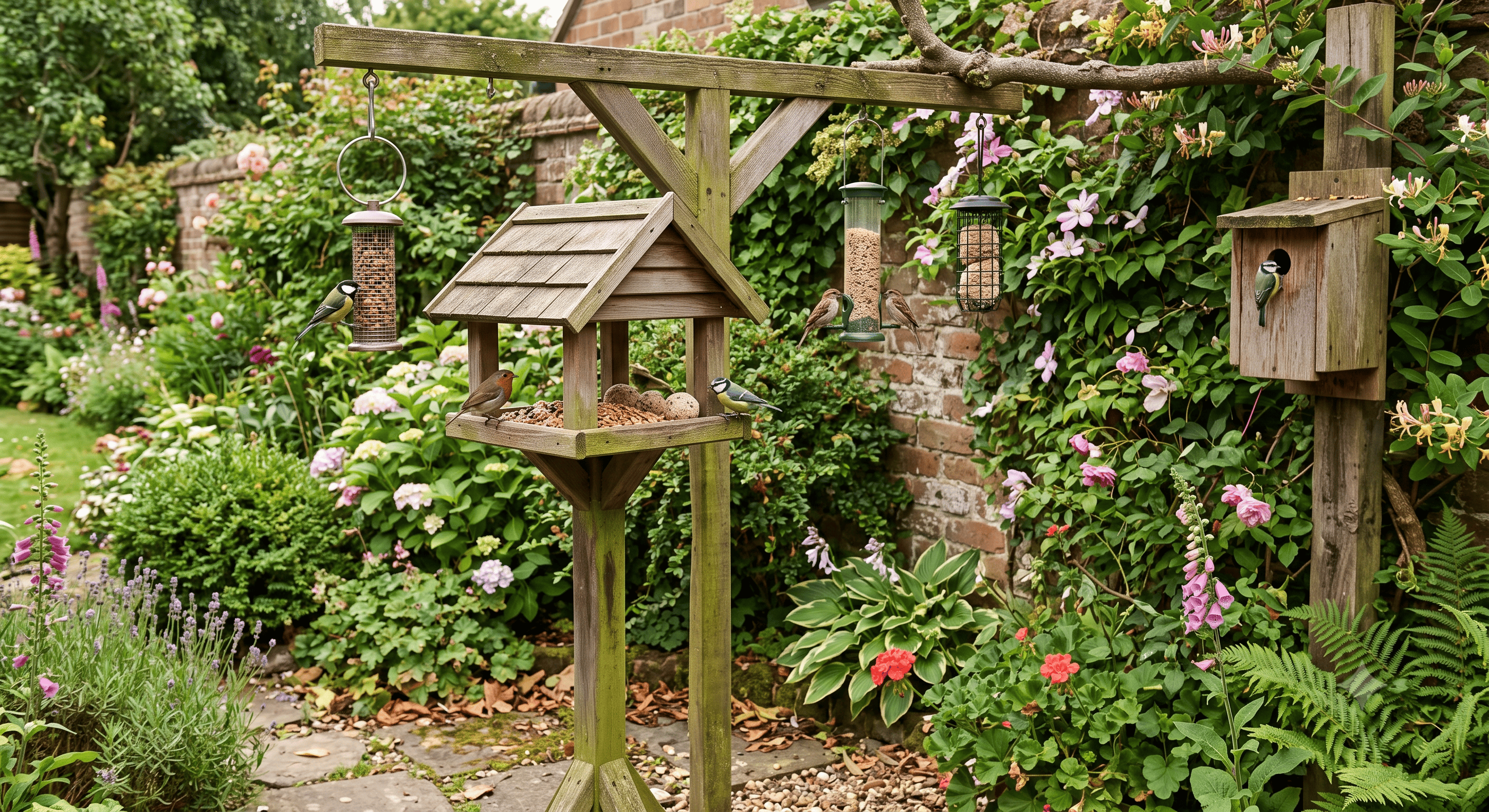 Garden corner with a bird table, hanging feeders and a nesting box