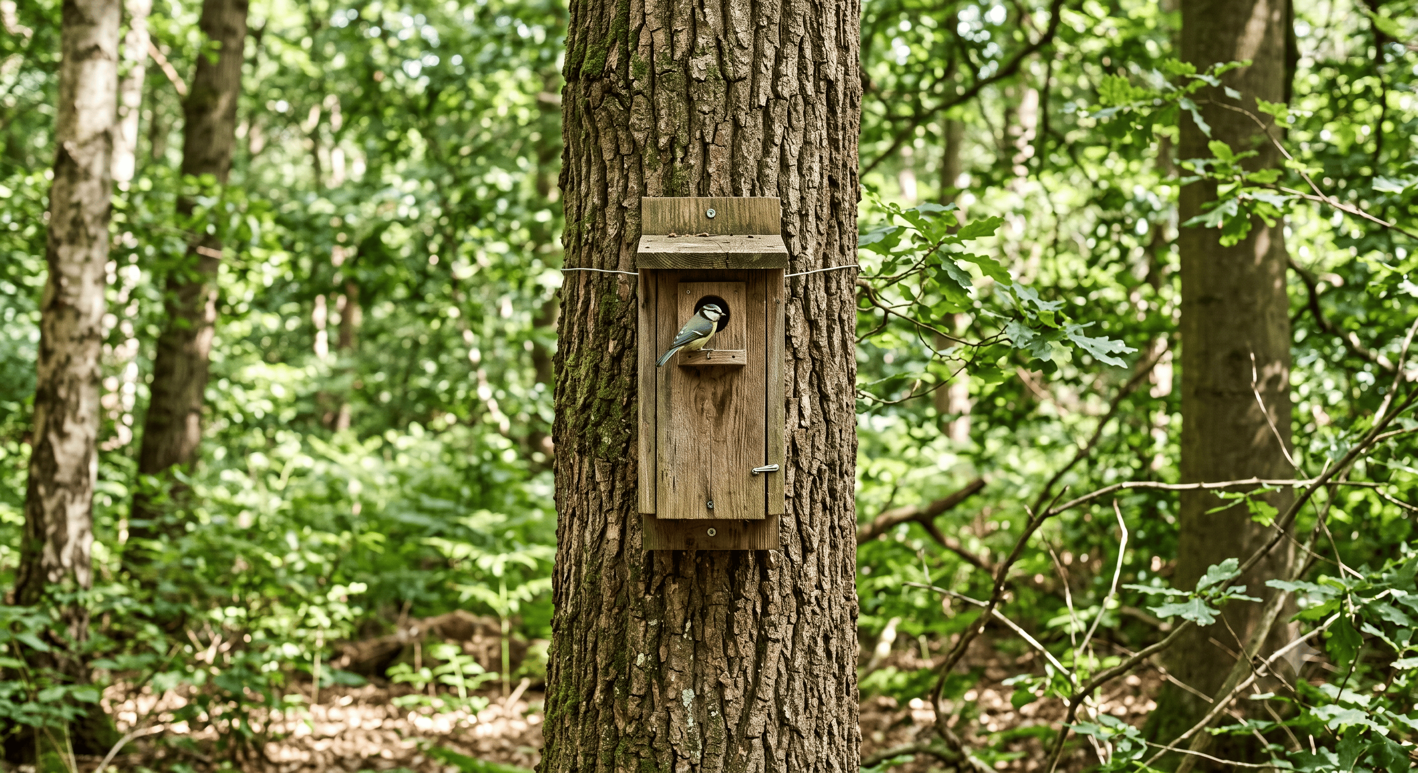 Wooden nesting box mounted on a tree trunk