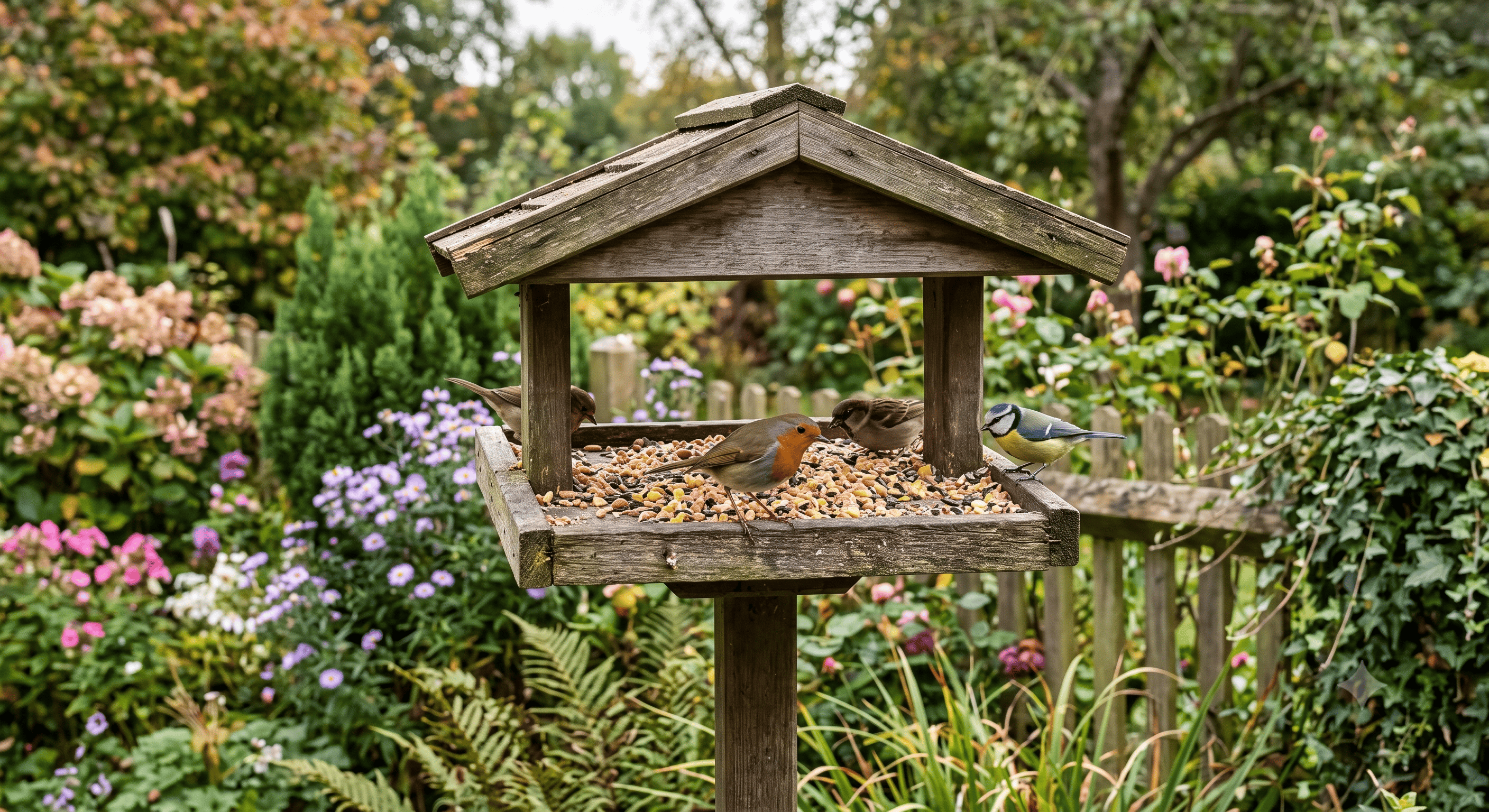 Bird table in a garden with mixed seed scattered across it
