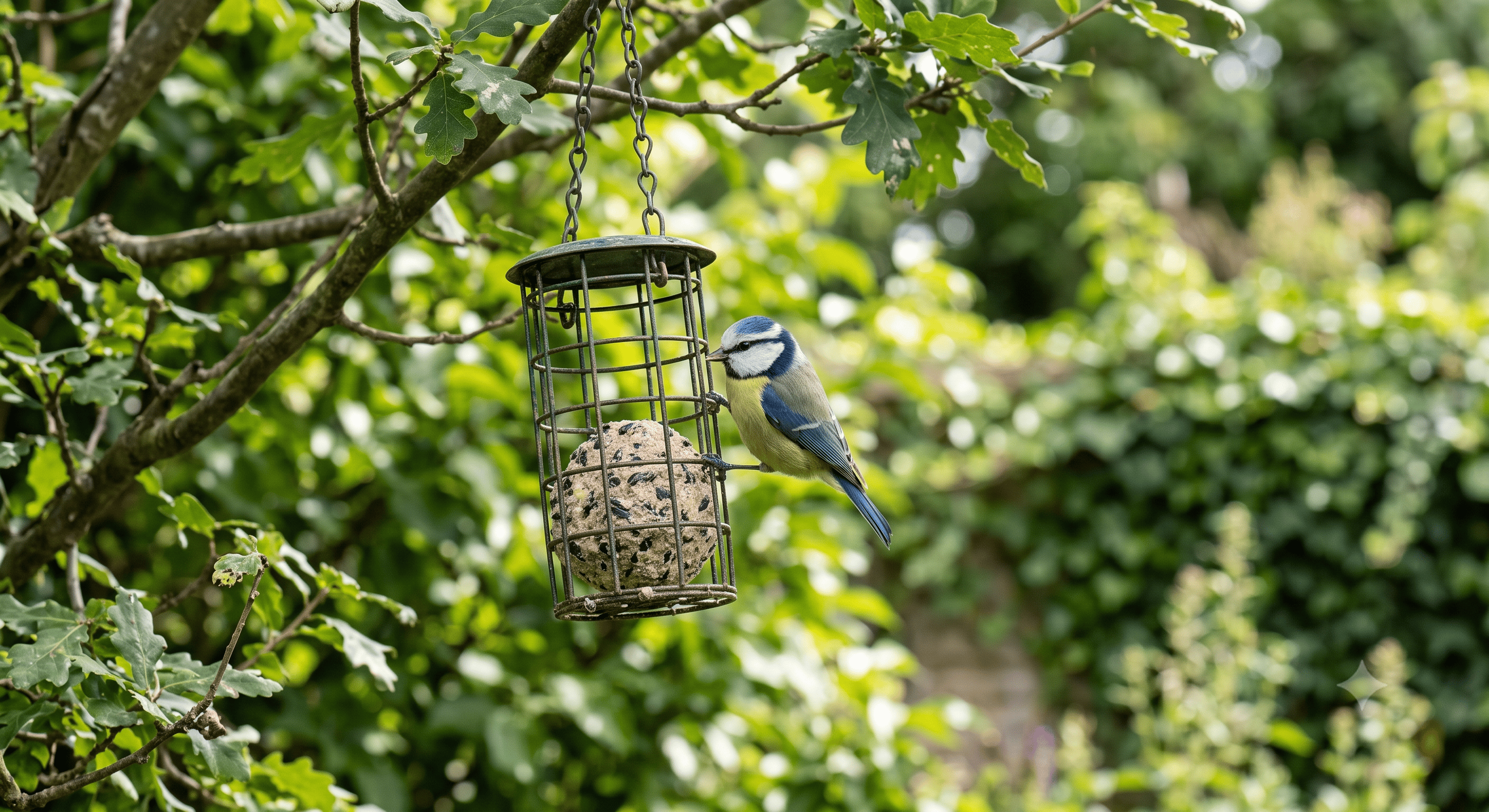 Blue tit perched on a hanging fat ball feeder