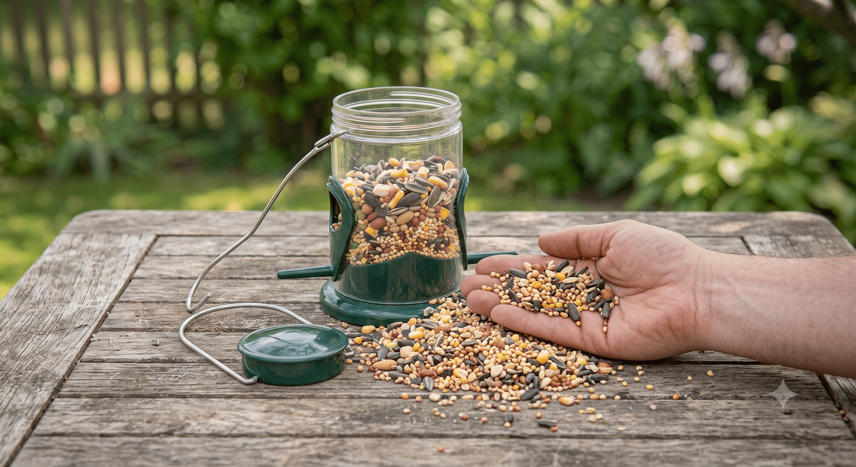 Handful of mixed bird seed being poured into a feeder