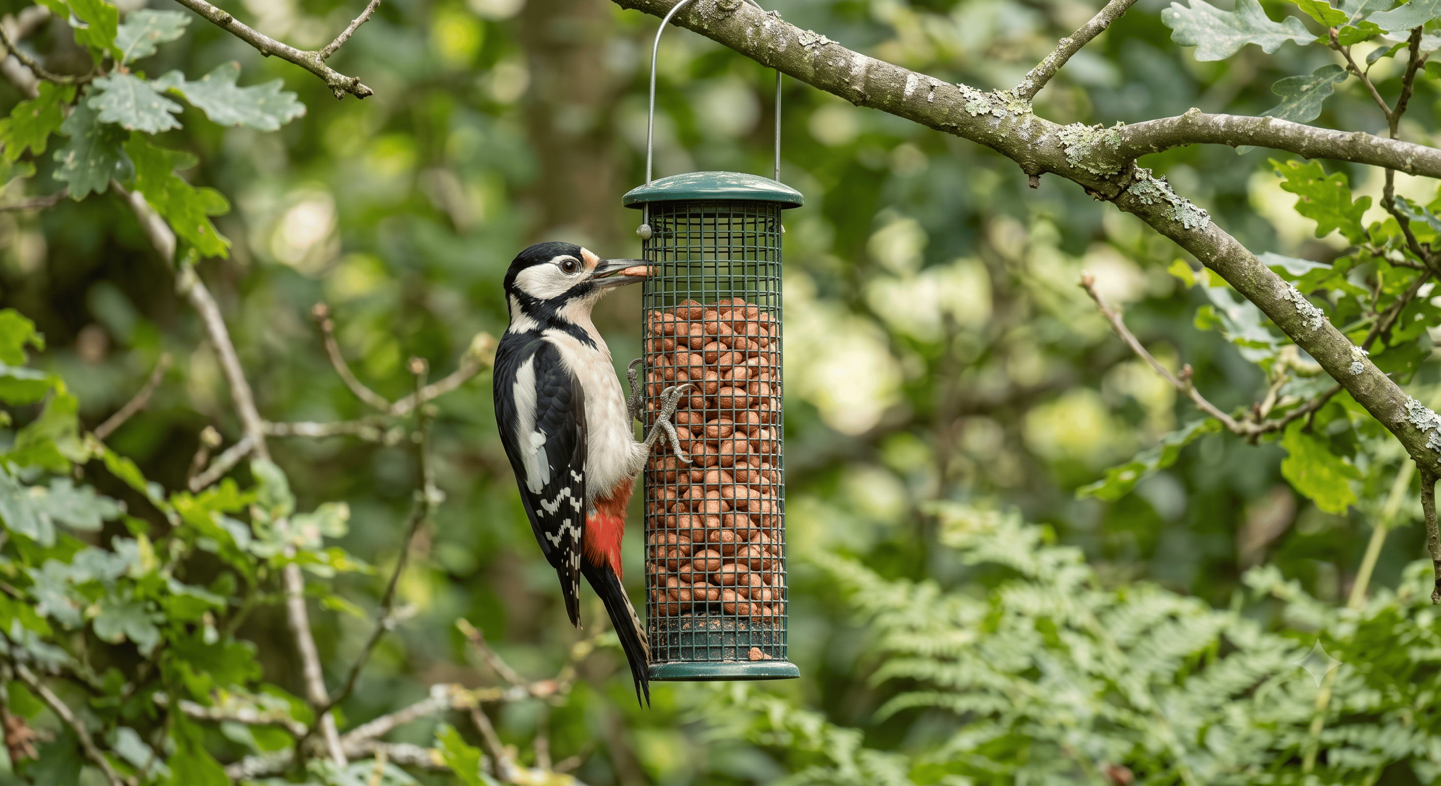 Great spotted woodpecker feeding from a wire mesh peanut feeder