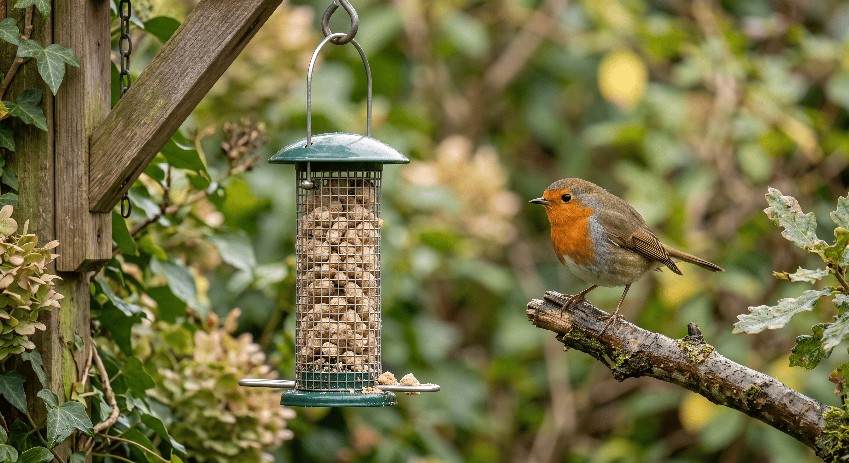 Suet pellets in a garden feeder with a robin nearby