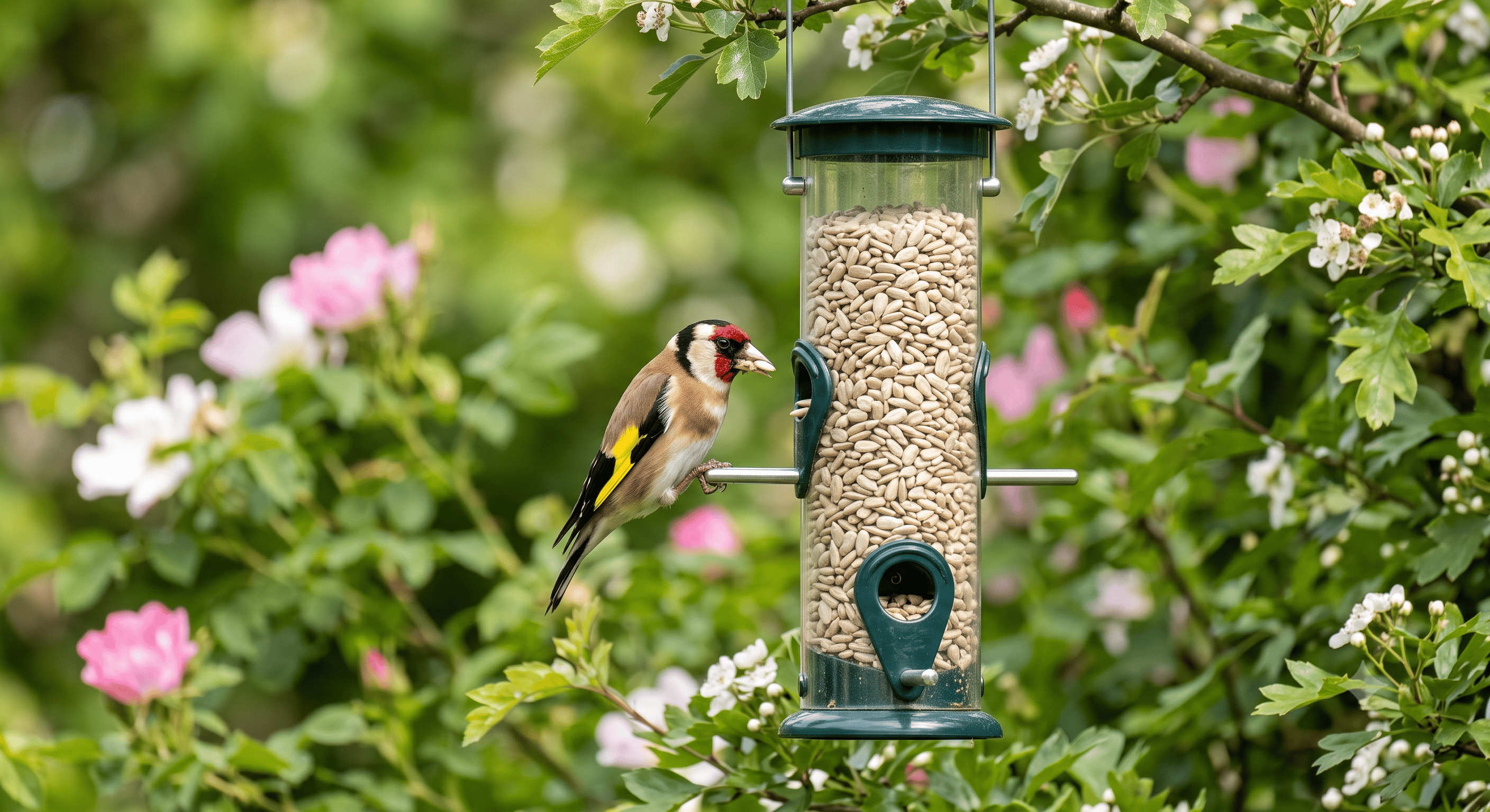 Goldfinch feeding from a tube feeder filled with sunflower hearts