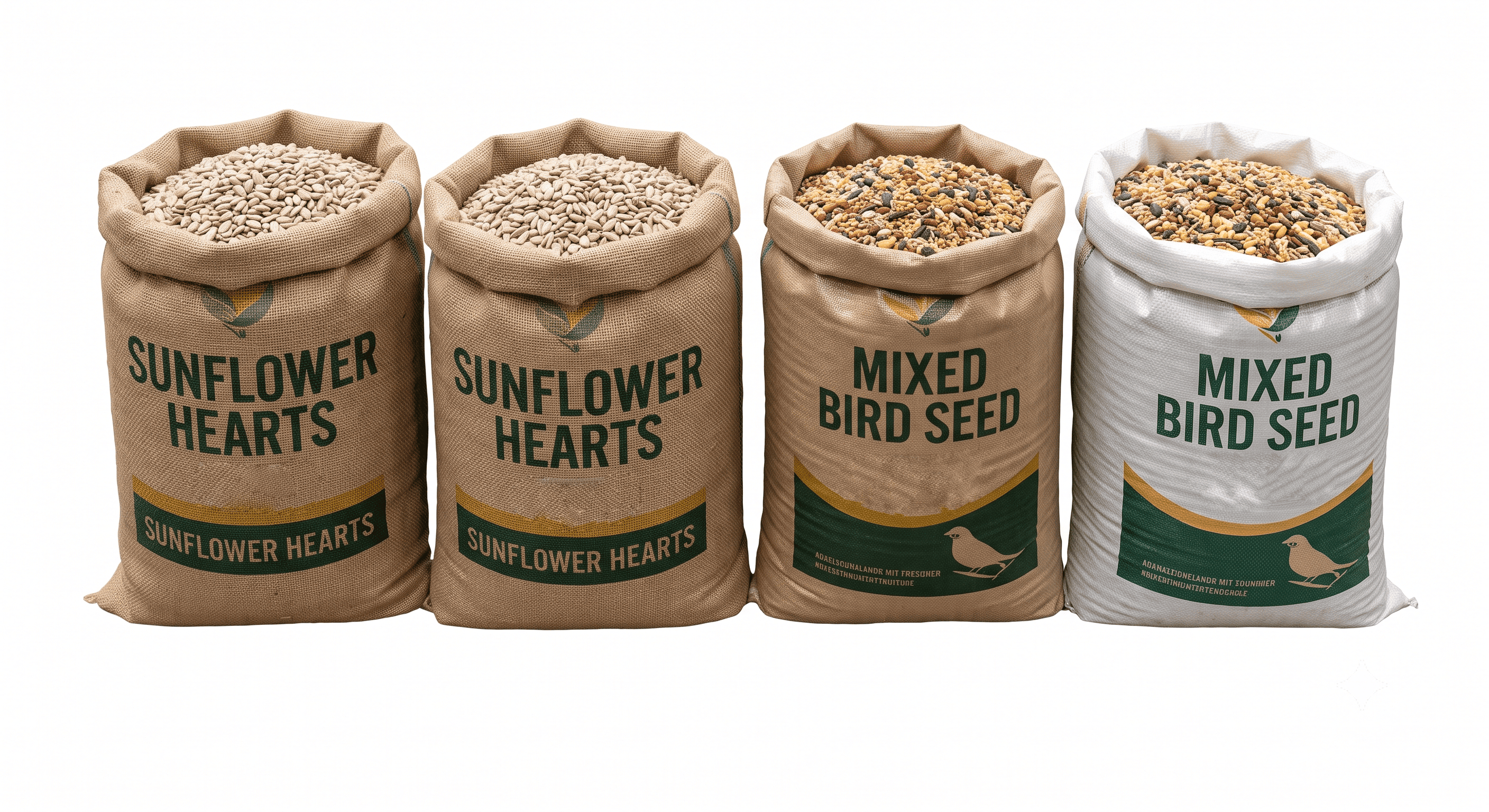Sacks of sunflower hearts and mixed bird seed ready for packing